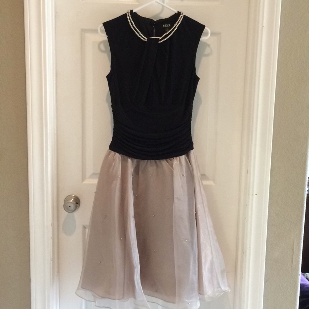 Special Occasion Black & Champagne Dress w/ Pearls